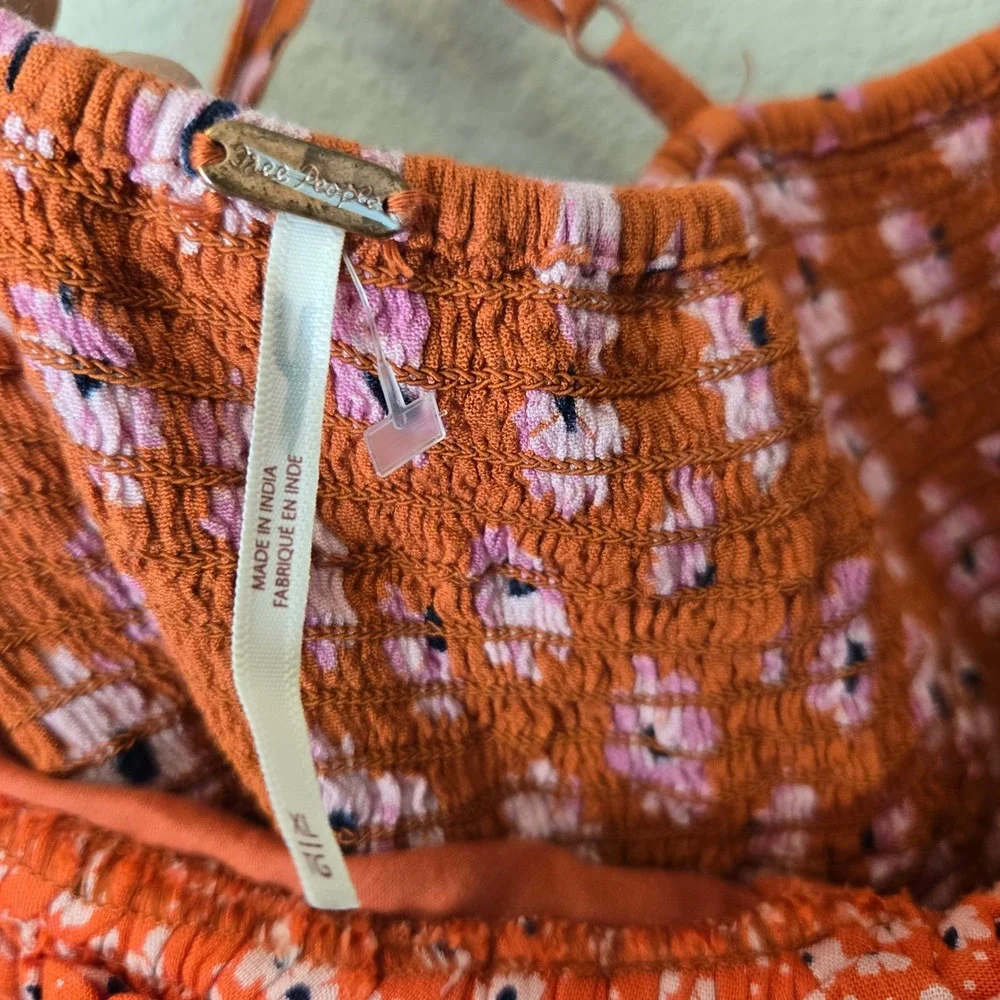 Free People Orange Floral Mixed Print Midi Dress XL, Boho‎ Cottagecore